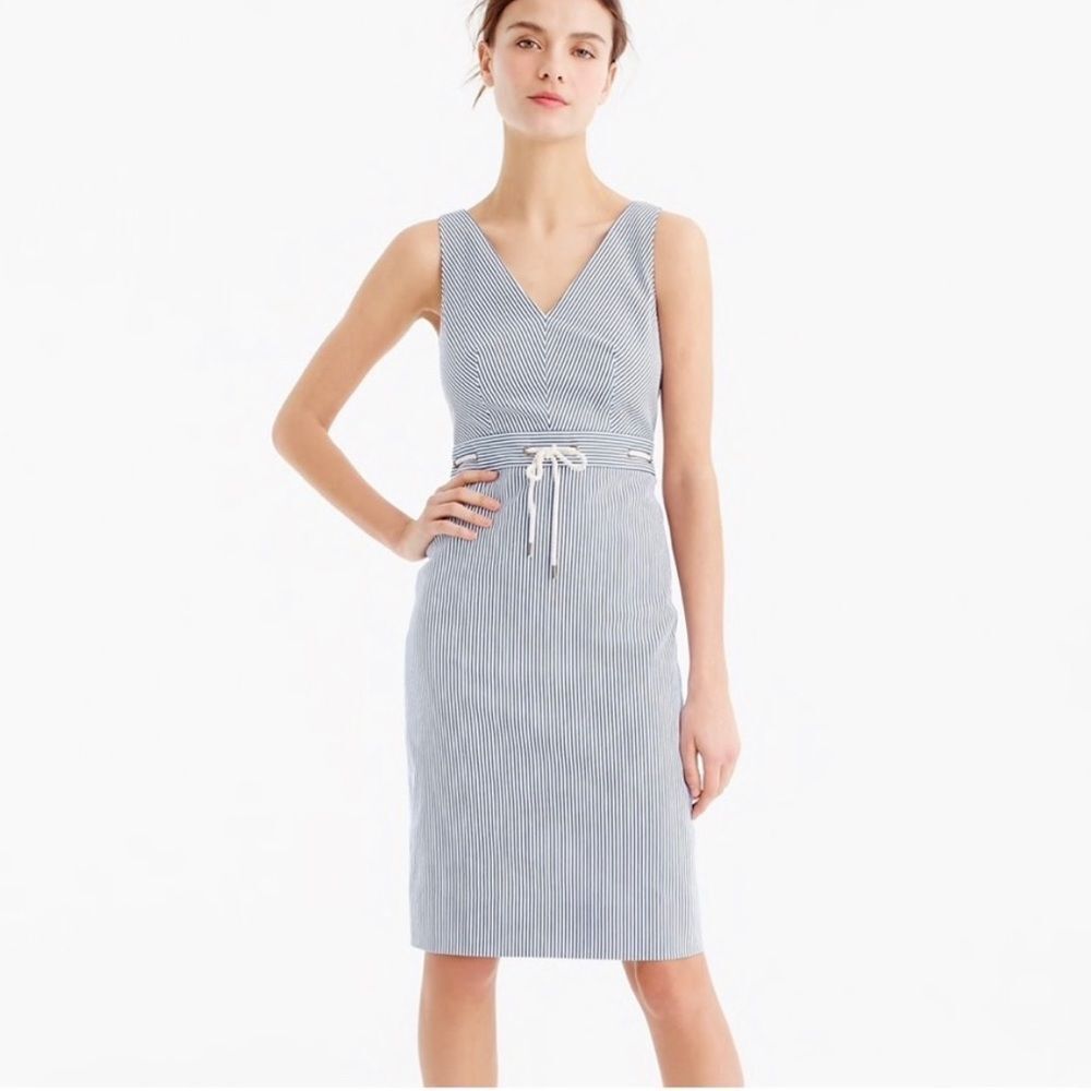 J. Crew Nautical Coastal V Neck Seersucker Tie Front Sleeveless Dress Sz 2
